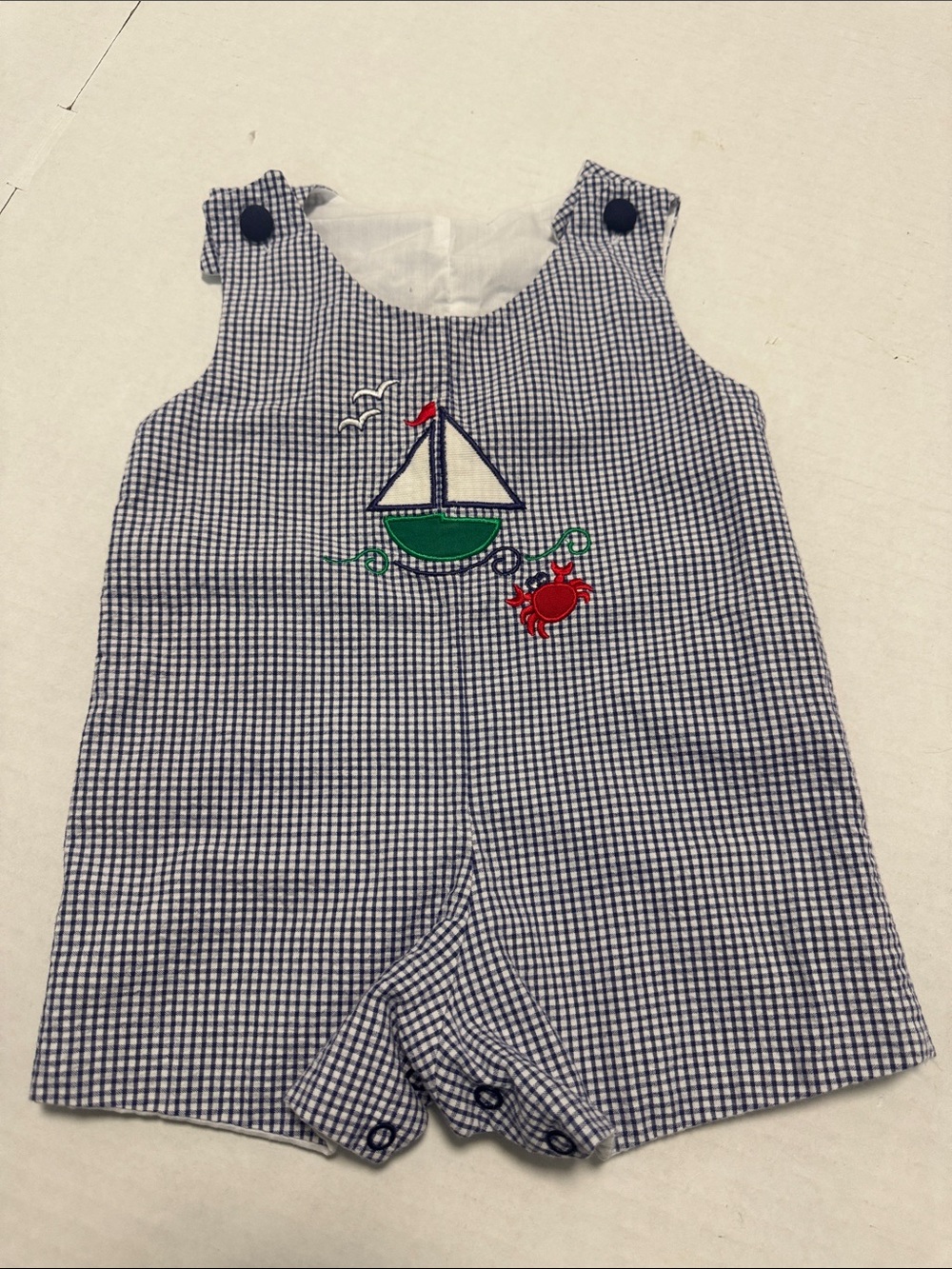 Vintage Seersucker Nautical Gingham Baby Romper Sailboat & Crab Size XS-6m USA
